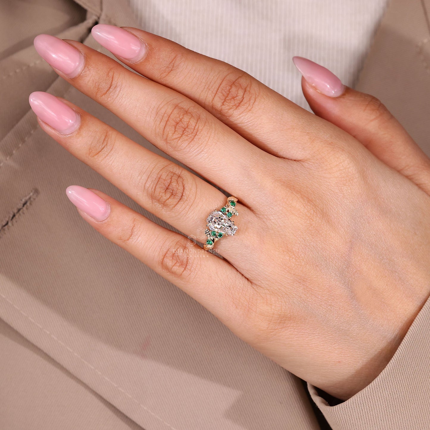 Coffin Cut Engagement Ring with Green Emerald Round Side Stones