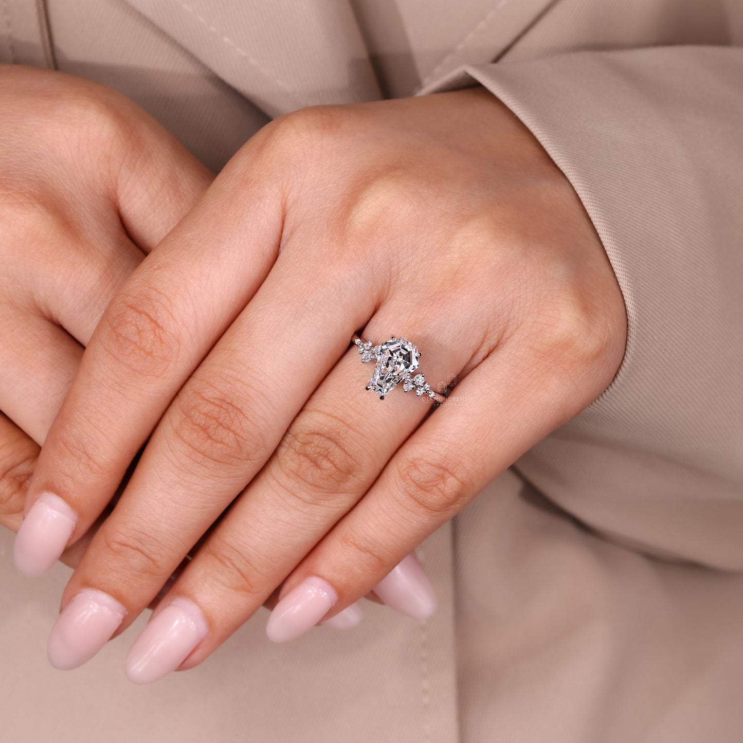 Cluster Diamond Ring with Coffin Center Stone and Tulip Setting