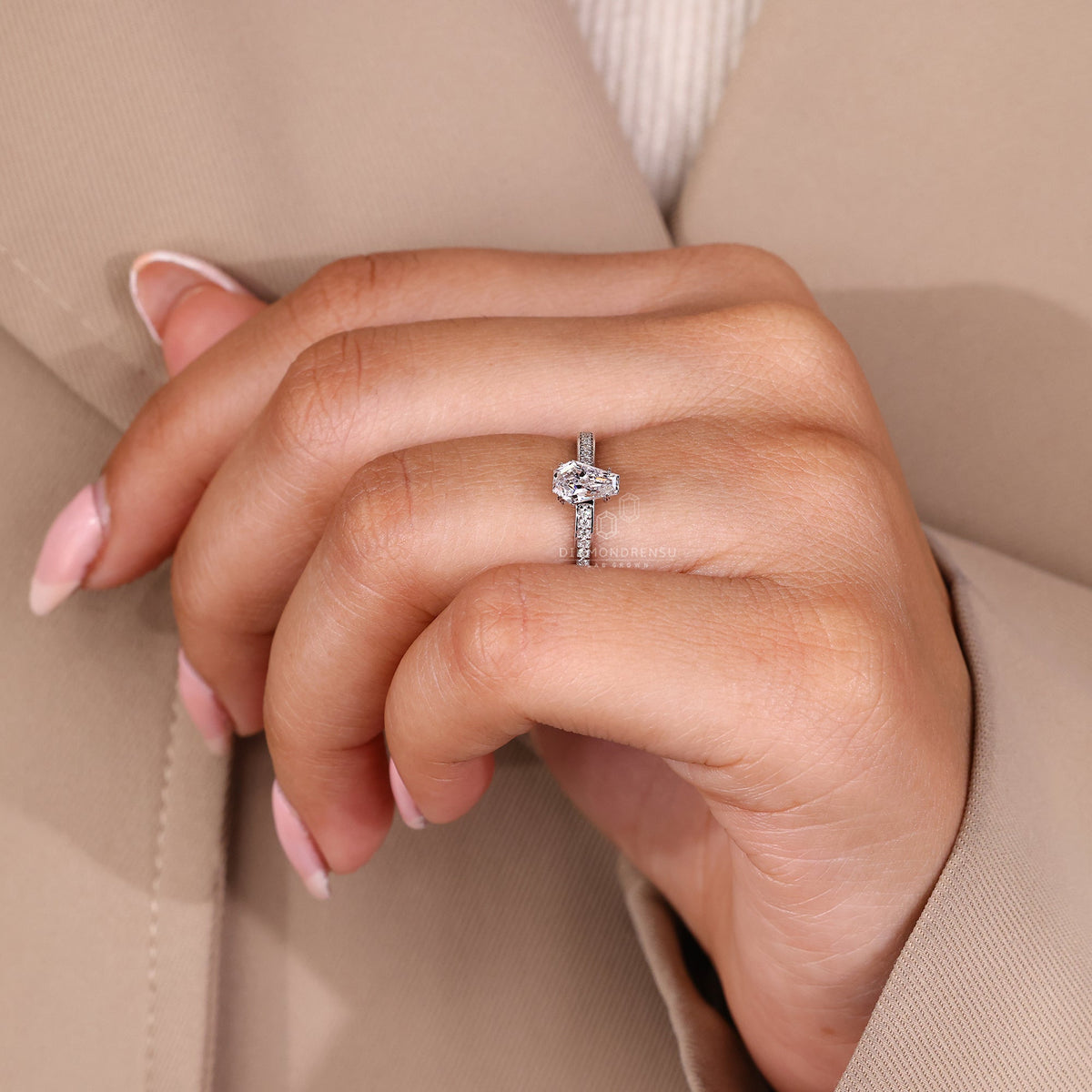 Cathedral Setting Coffin Cut Diamond Ring with Hidden Halo