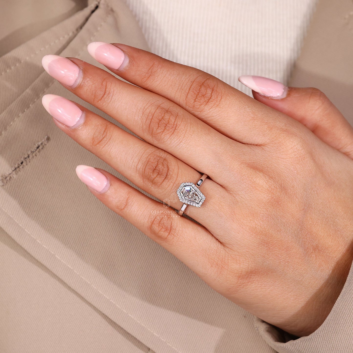 Bezel Set Round Halo Diamond Ring with Coffin Center Stone