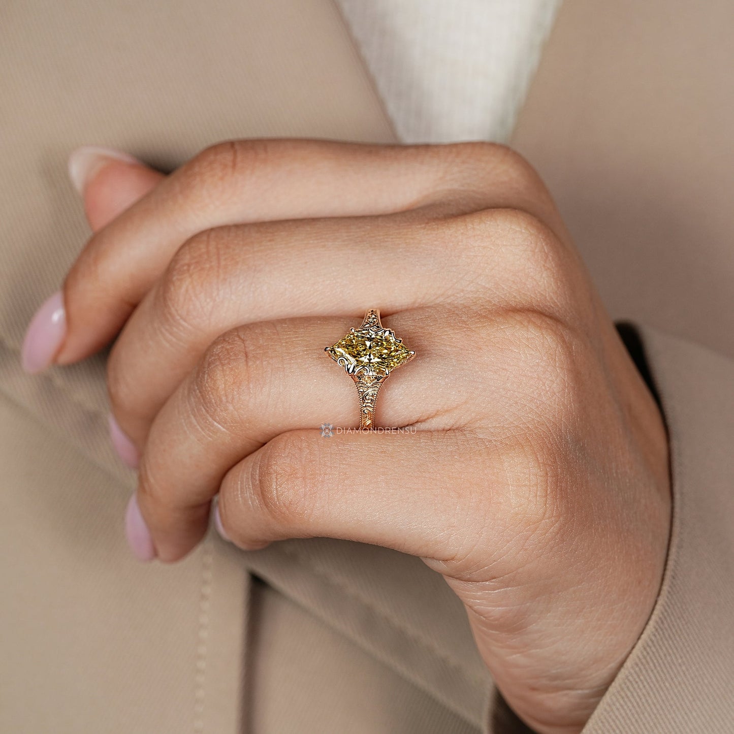 Yellow Dutch Marquise Diamond Ring in Art Deco Tulip Setting