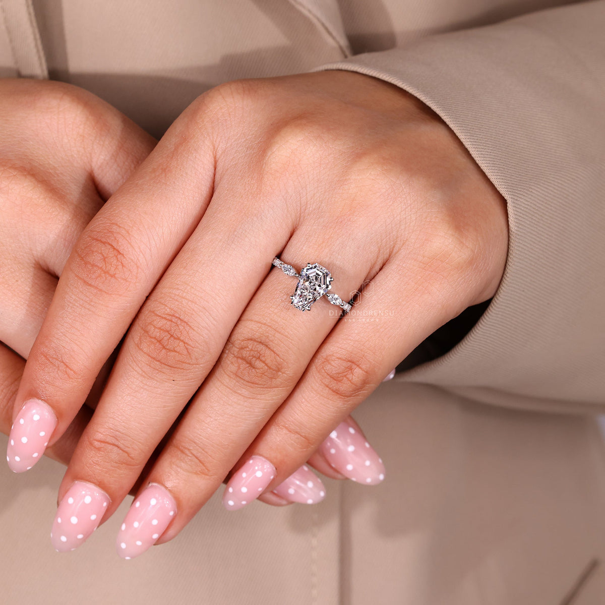 Coffin Shaped Diamond Ring with Marquise Side Stones