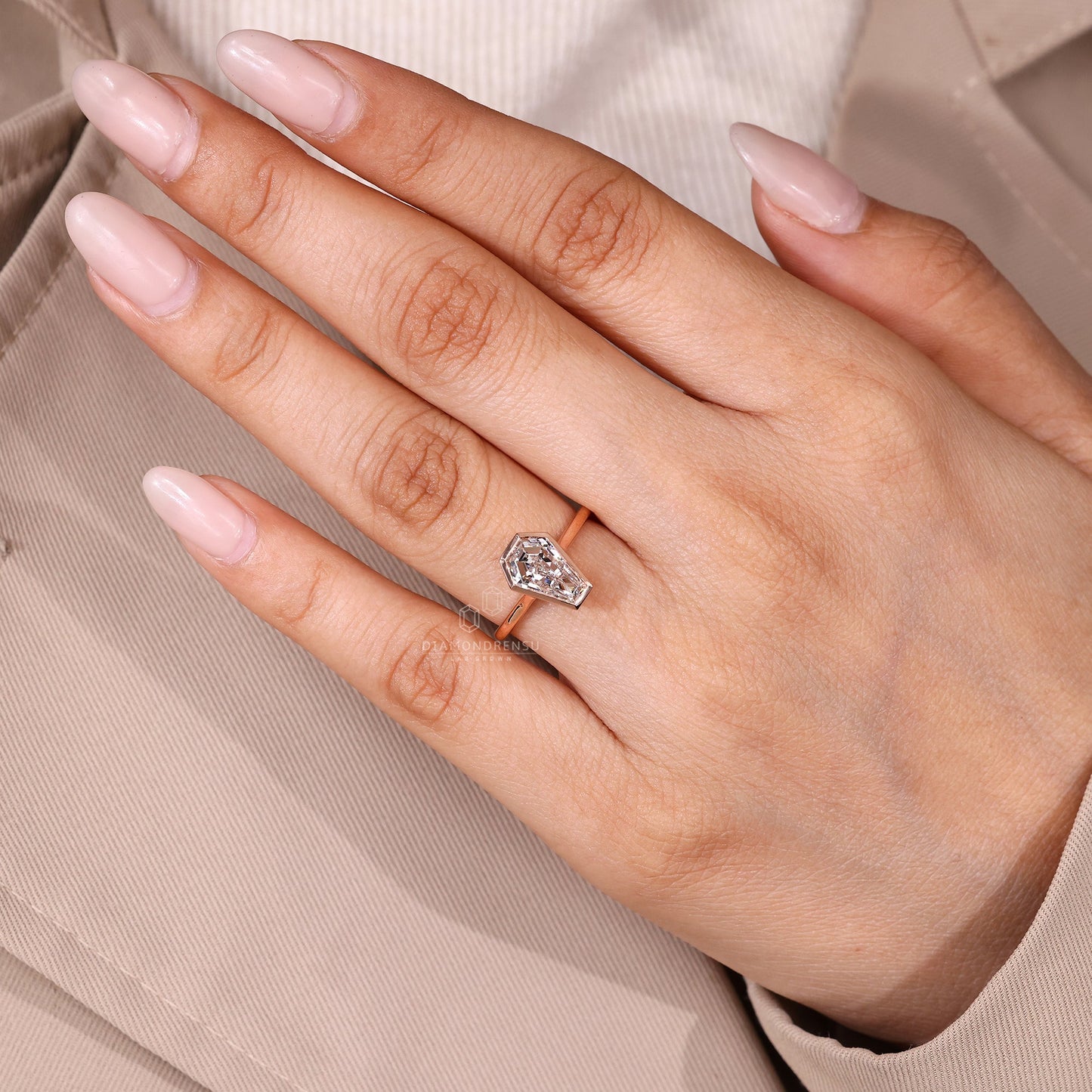 Coffin Cut Solitaire Diamond Ring with Cathedral and Bezel Setting