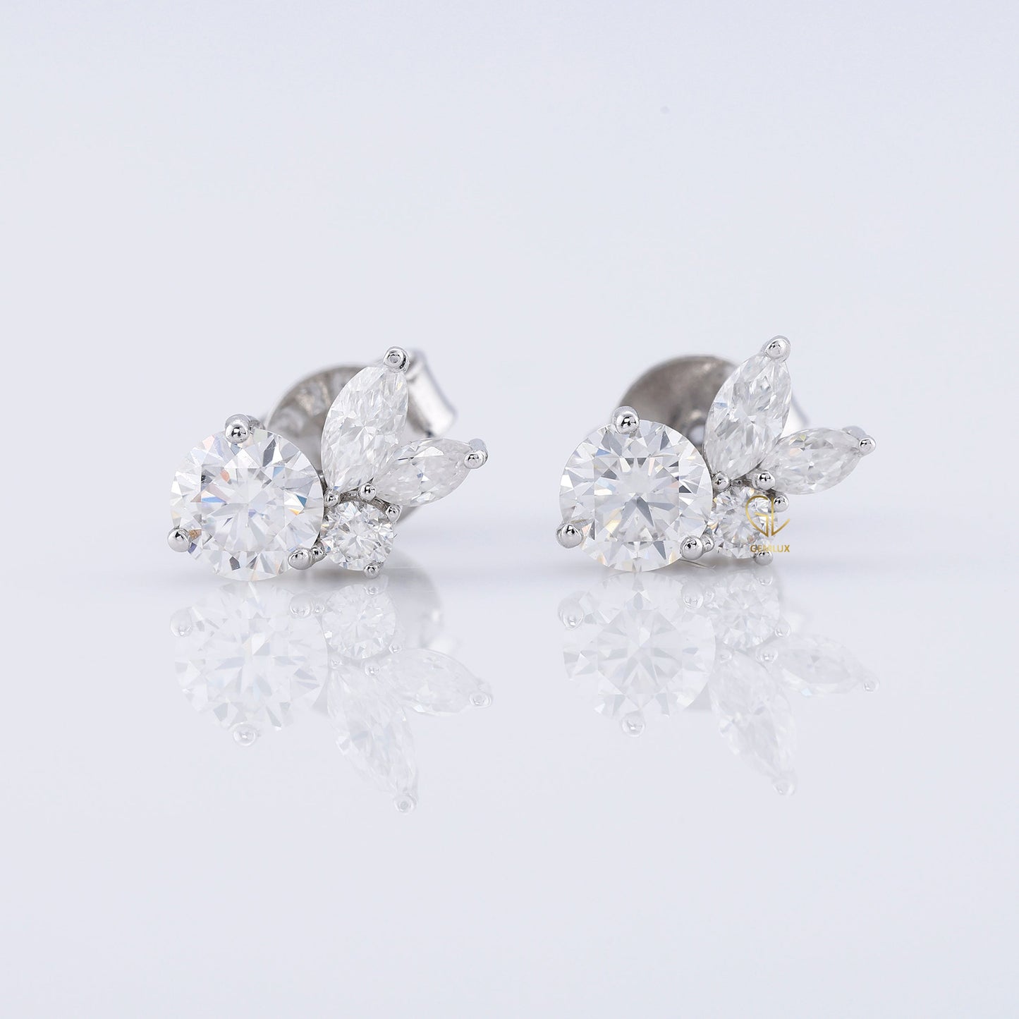 Lab Grown Round & Marquise Cut Floral Design Stud Earrings