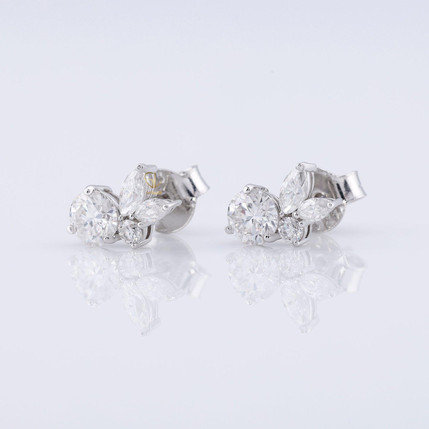 Lab Grown Round & Marquise Cut Floral Design Stud Earrings