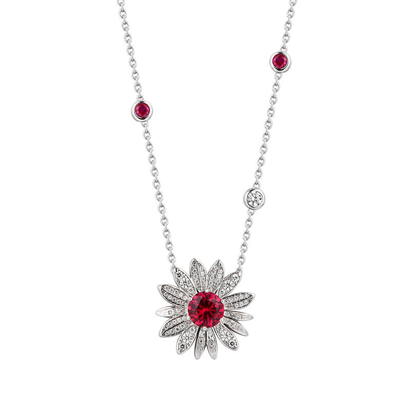 Leaf Halo Ruby Cluster Necklace In Sterling Silver
