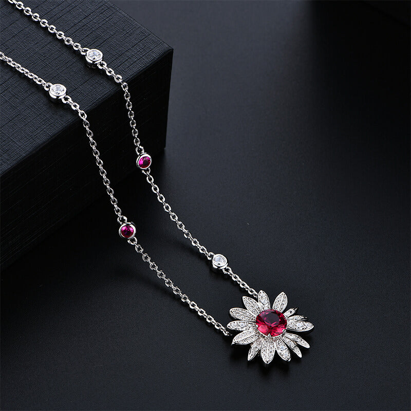 Leaf Halo Ruby Cluster Necklace In Sterling Silver