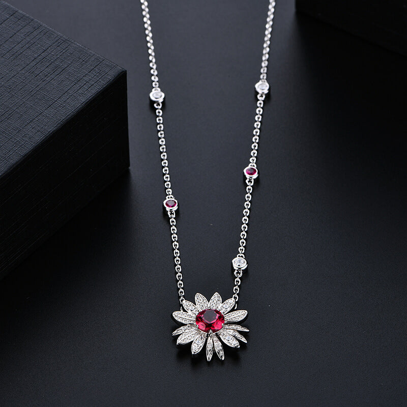 Leaf Halo Ruby Cluster Necklace In Sterling Silver