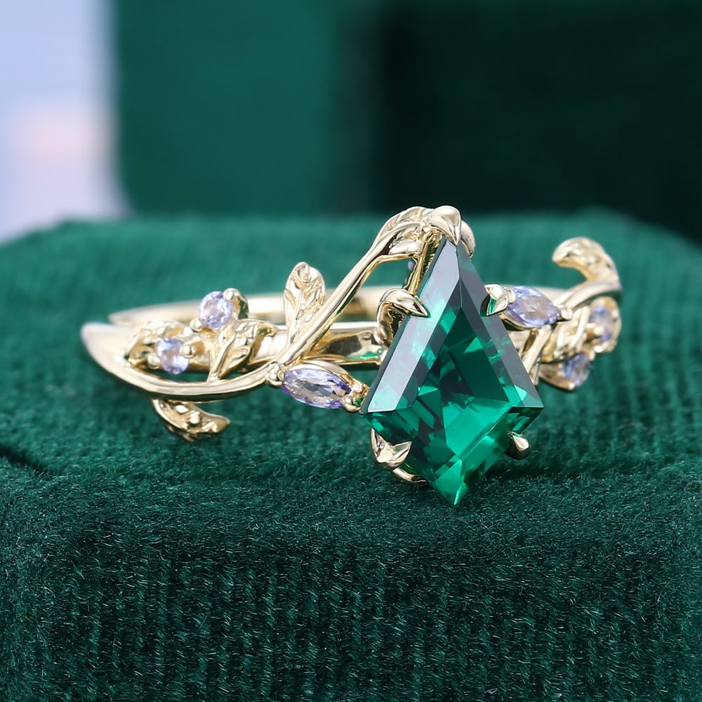 LeafLace | Kite Cut Emerald Engagement Ring with Tanzanite Accents