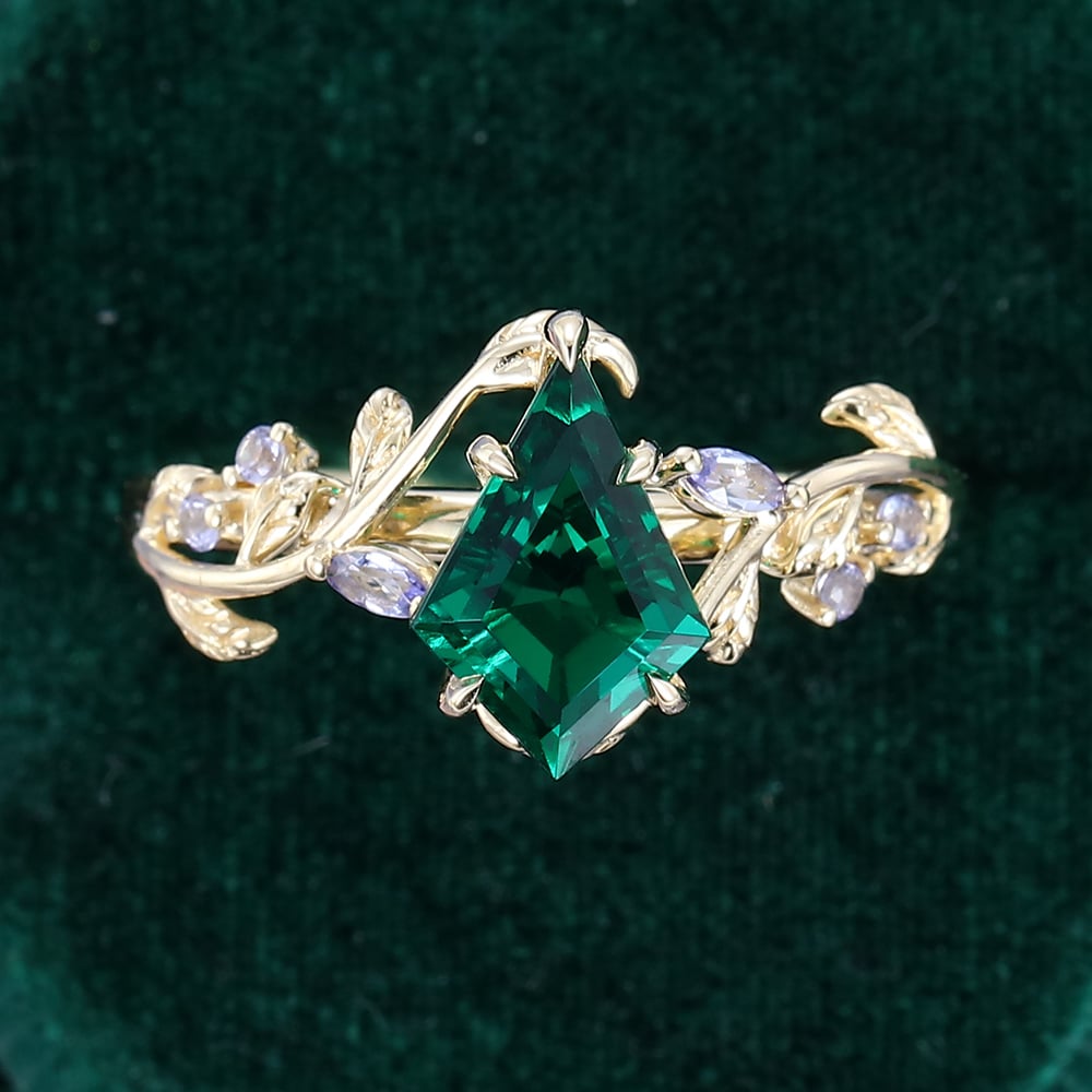 LeafLace | Kite Cut Emerald Engagement Ring with Tanzanite Accents