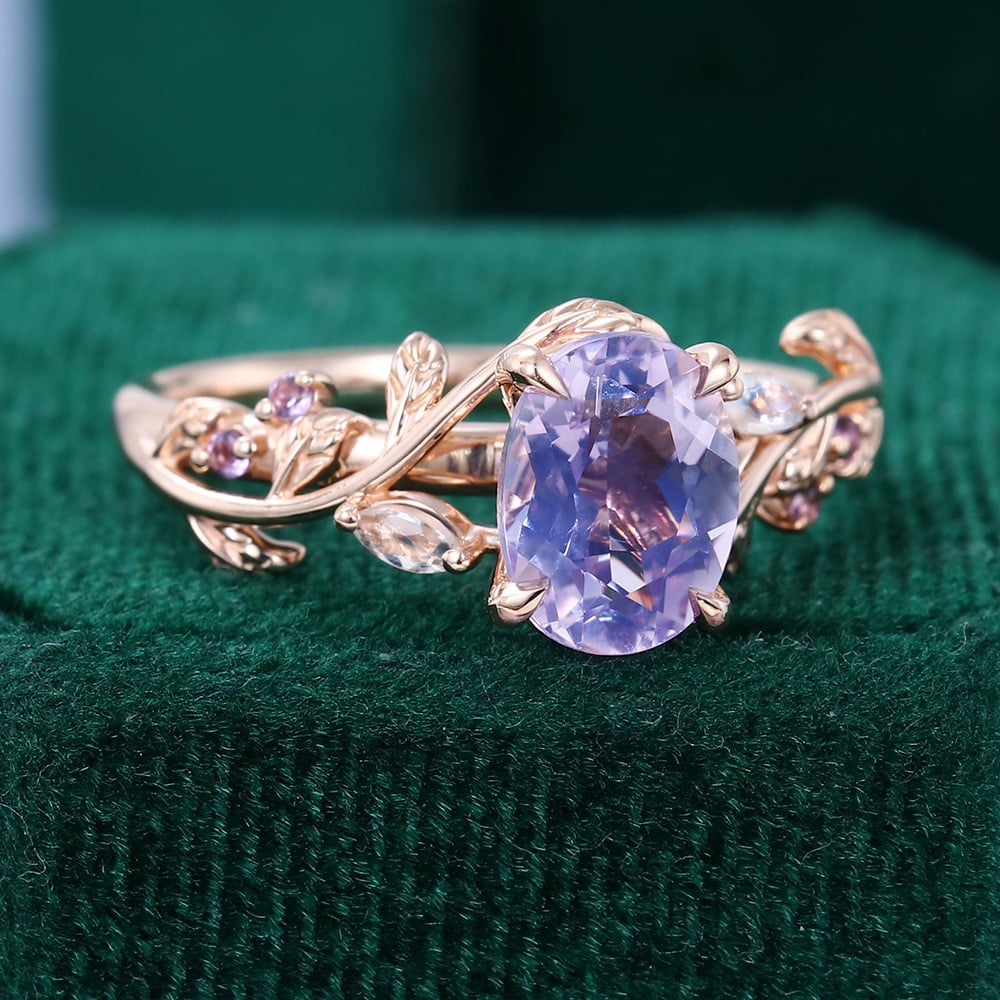 Nature Inspired Leaf Ring Lavender Amethyst Promise Ring Oval Cut Ring