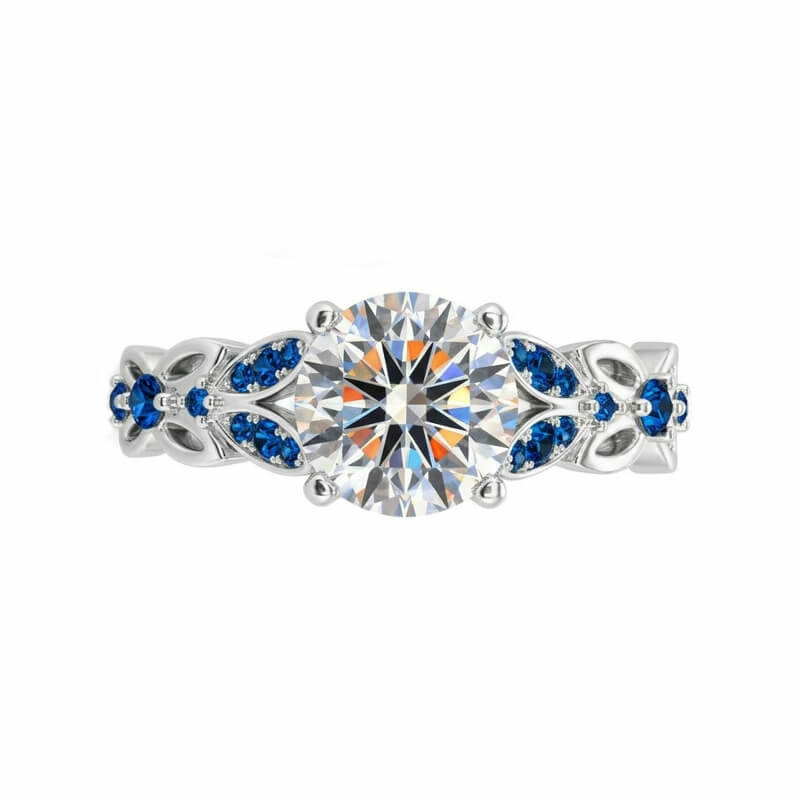 Leaf Vine Round Brilliant Moissanite Sapphire Accents Engagement Ring