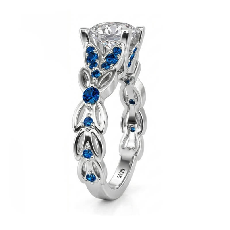 Leaf Vine Round Brilliant Moissanite Sapphire Accents Engagement Ring