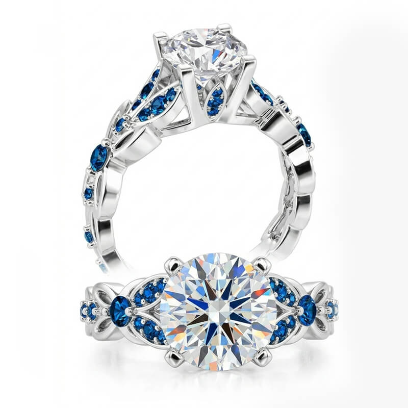 Leaf Vine Round Brilliant Moissanite Sapphire Accents Engagement Ring