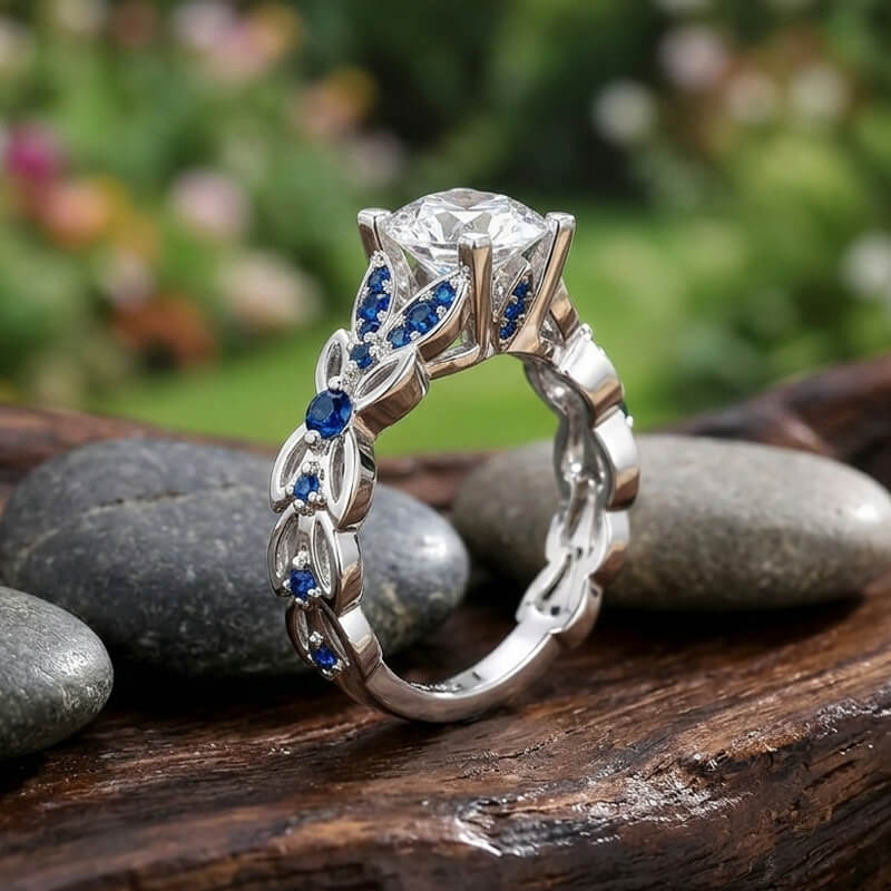 Leaf Vine Round Brilliant Moissanite Sapphire Accents Engagement Ring