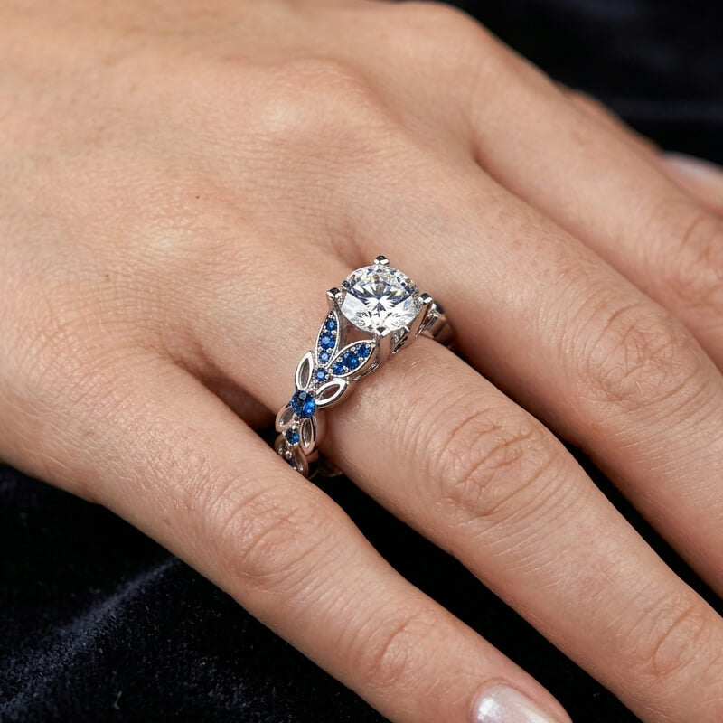 Leaf Vine Round Brilliant Moissanite Sapphire Accents Engagement Ring