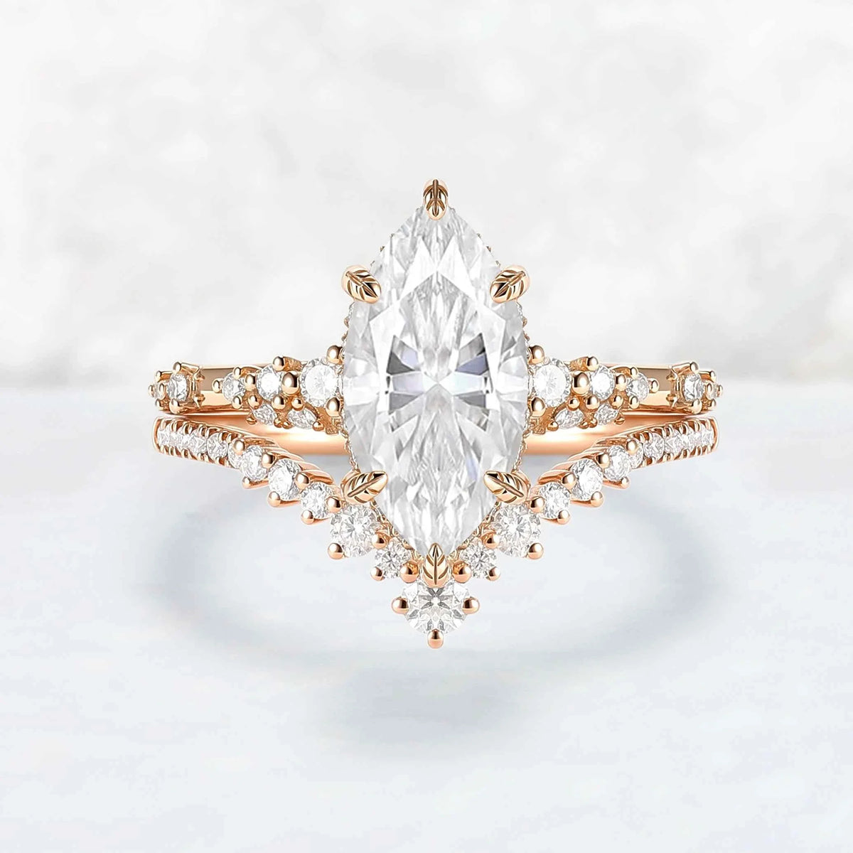 Leaf Claw Inlay Marquise Cut Moissanite Engagement Ring Set 2pcs