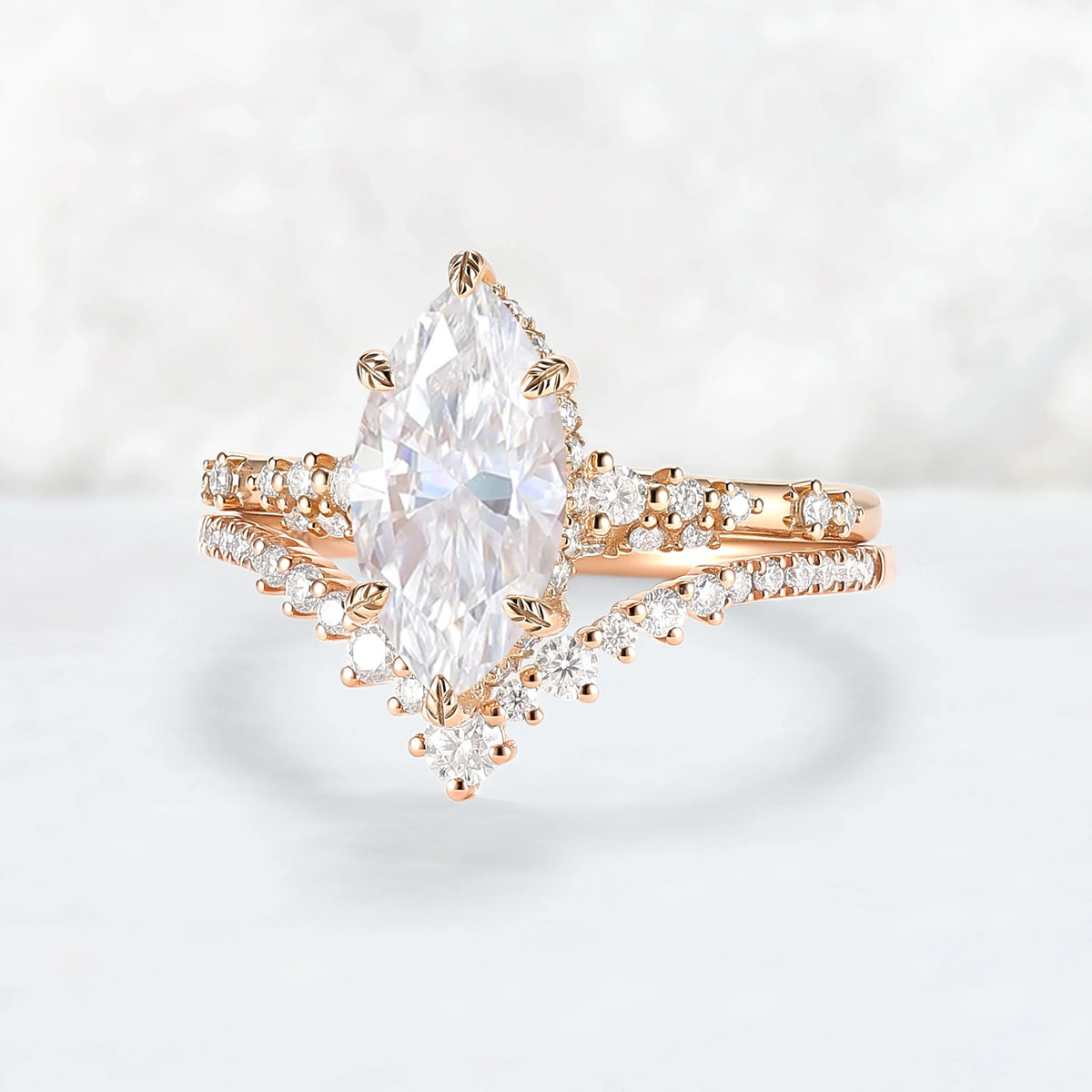 Leaf Claw Inlay Marquise Cut Moissanite Engagement Ring Set 2pcs