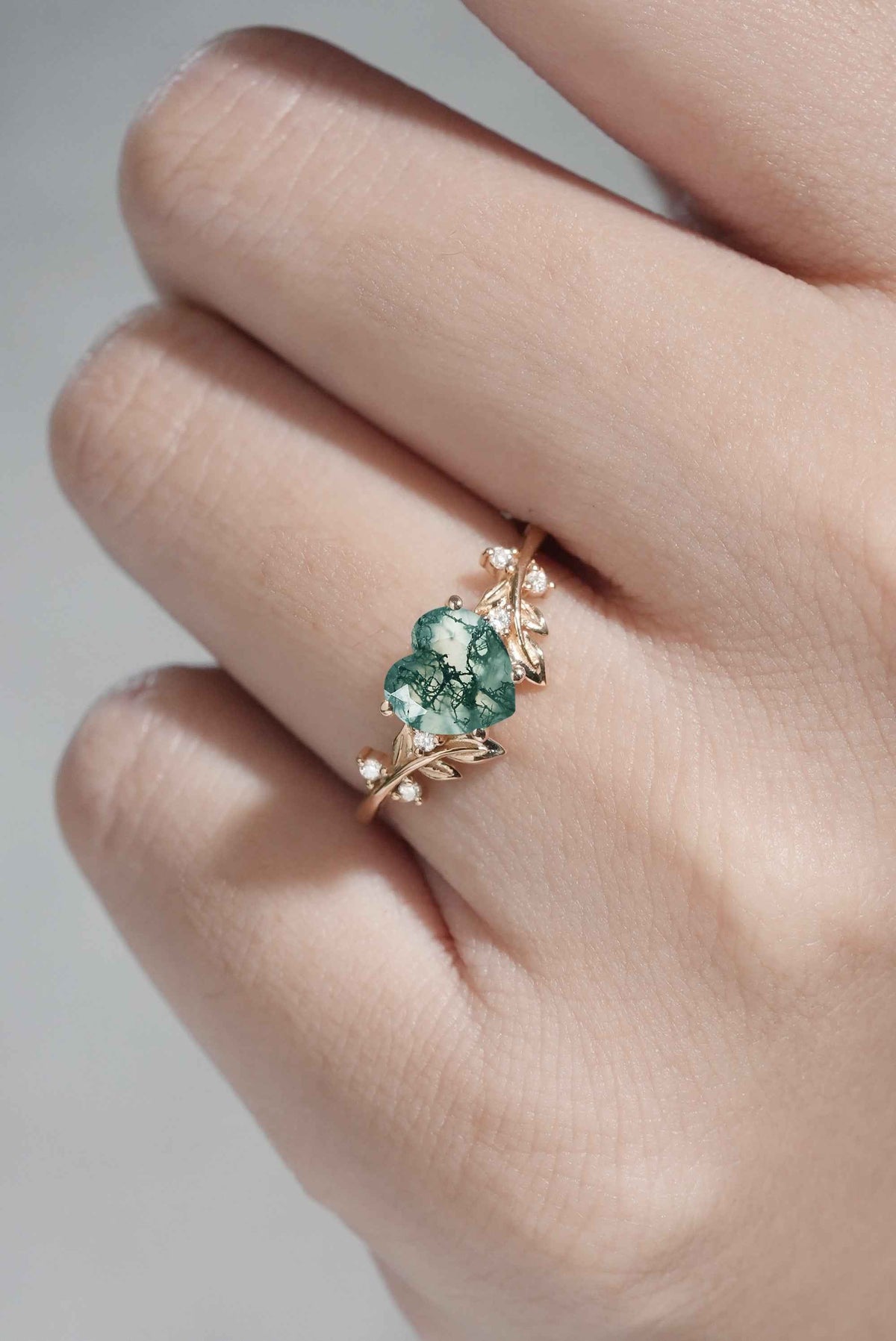 Leaf Inspired Heart Shaped Natural Moss Agate Gemstone Ring