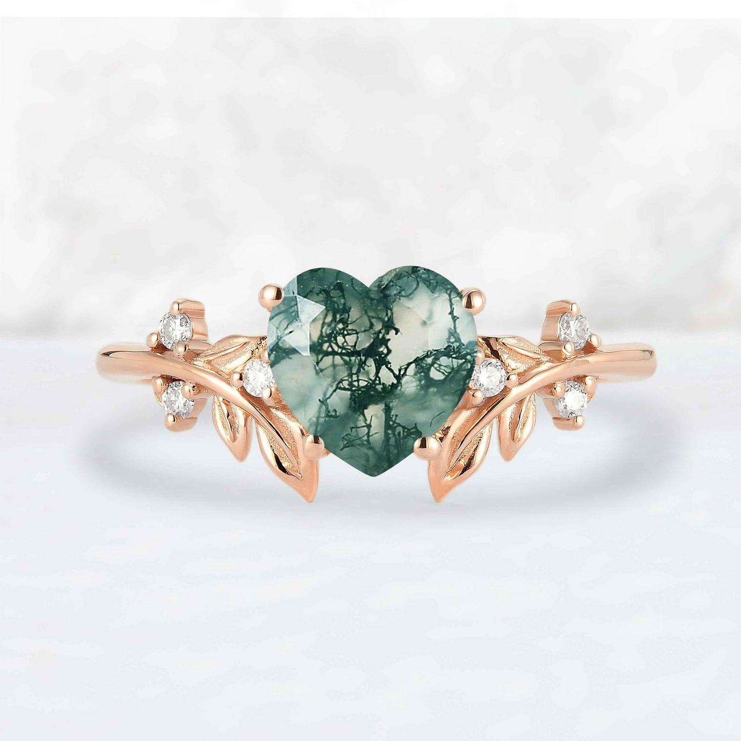 Leaf Inspired Heart Shaped Natural Moss Agate Gemstone Ring