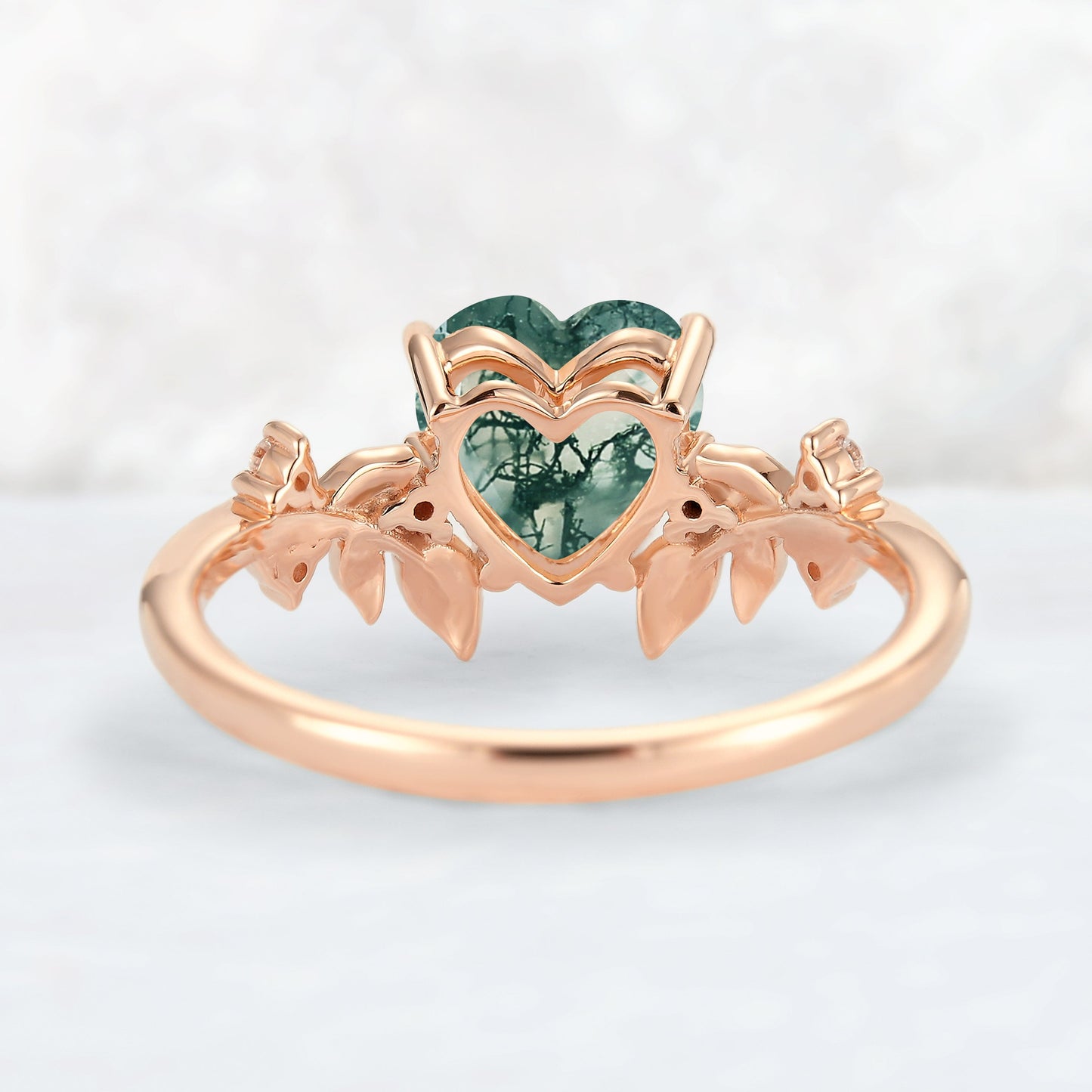 Leaf Inspired Heart Shaped Natural Moss Agate Gemstone Ring