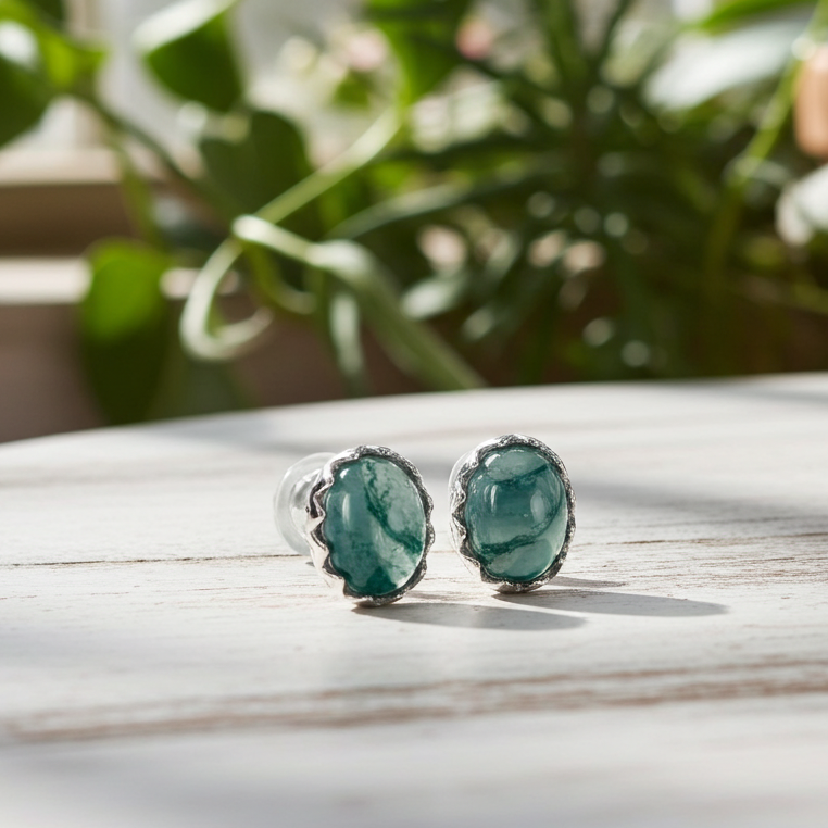 Mistral - Oval Cut Moss Agate Minimalist Classic Stud Earrings