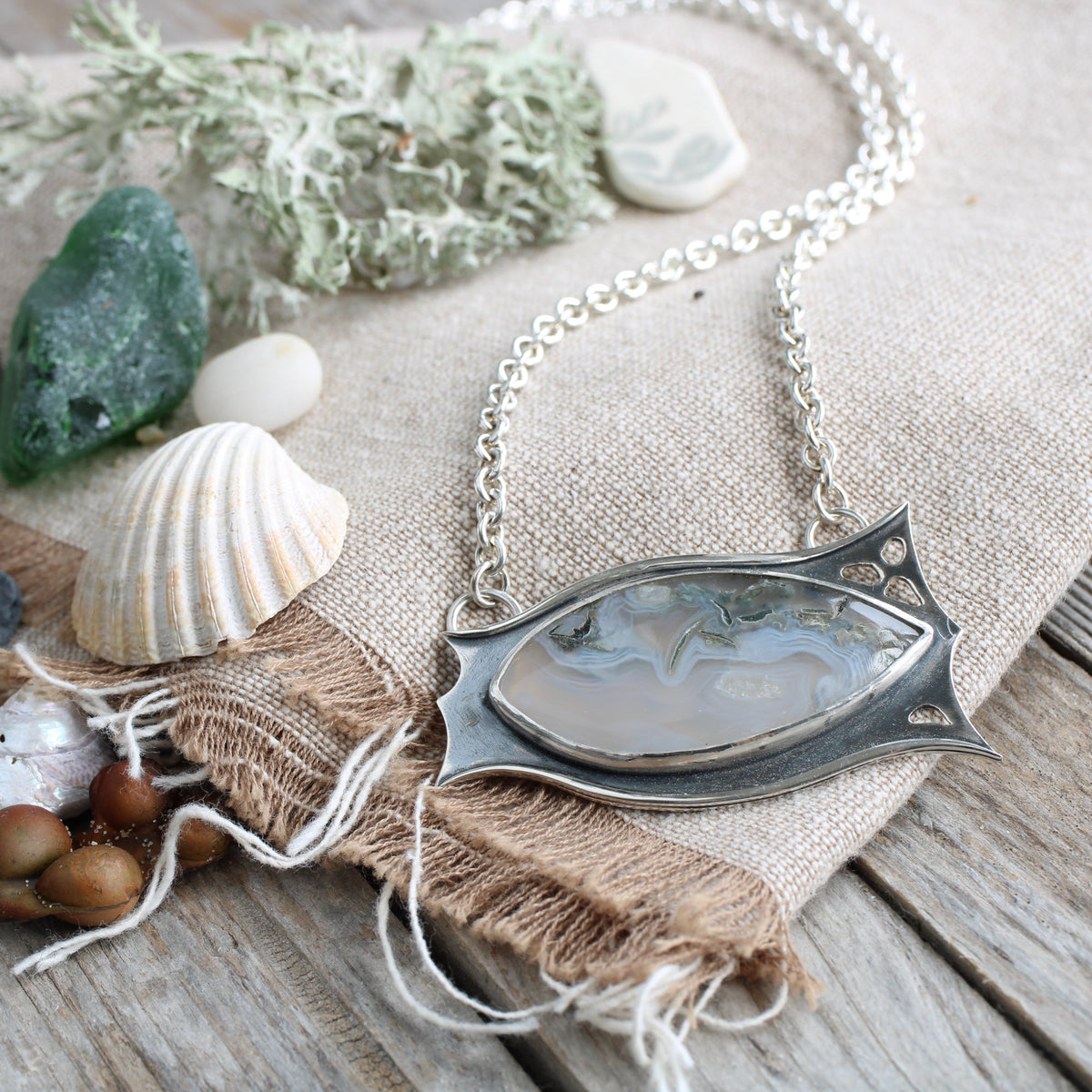 Moss Agate waves pendant - Limited Edition No.140