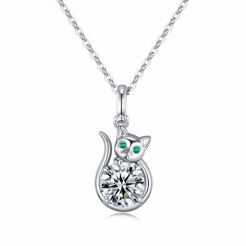 Lucky Cat Moissanite Necklace In Sterling Silver