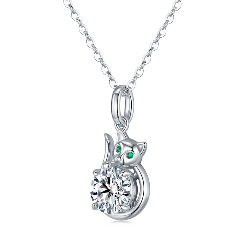 Lucky Cat Moissanite Necklace In Sterling Silver