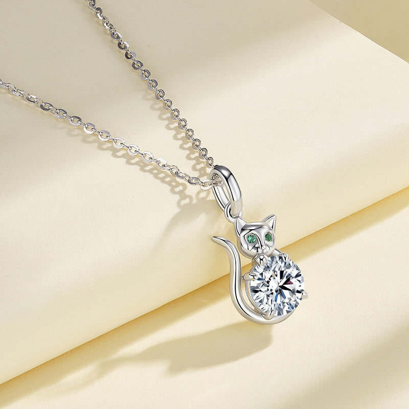 Lucky Cat Moissanite Necklace In Sterling Silver