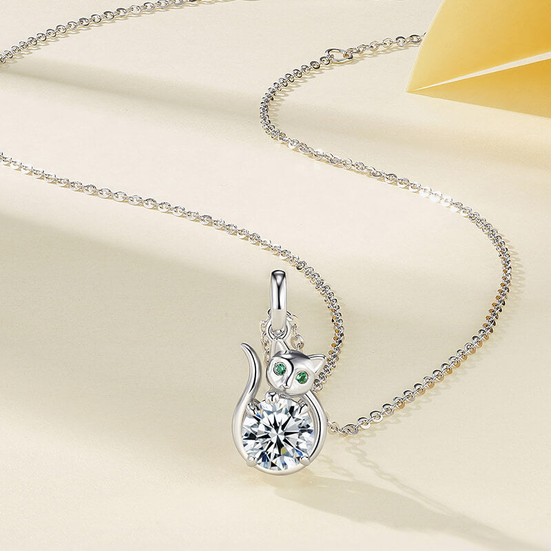 Lucky Cat Moissanite Necklace In Sterling Silver