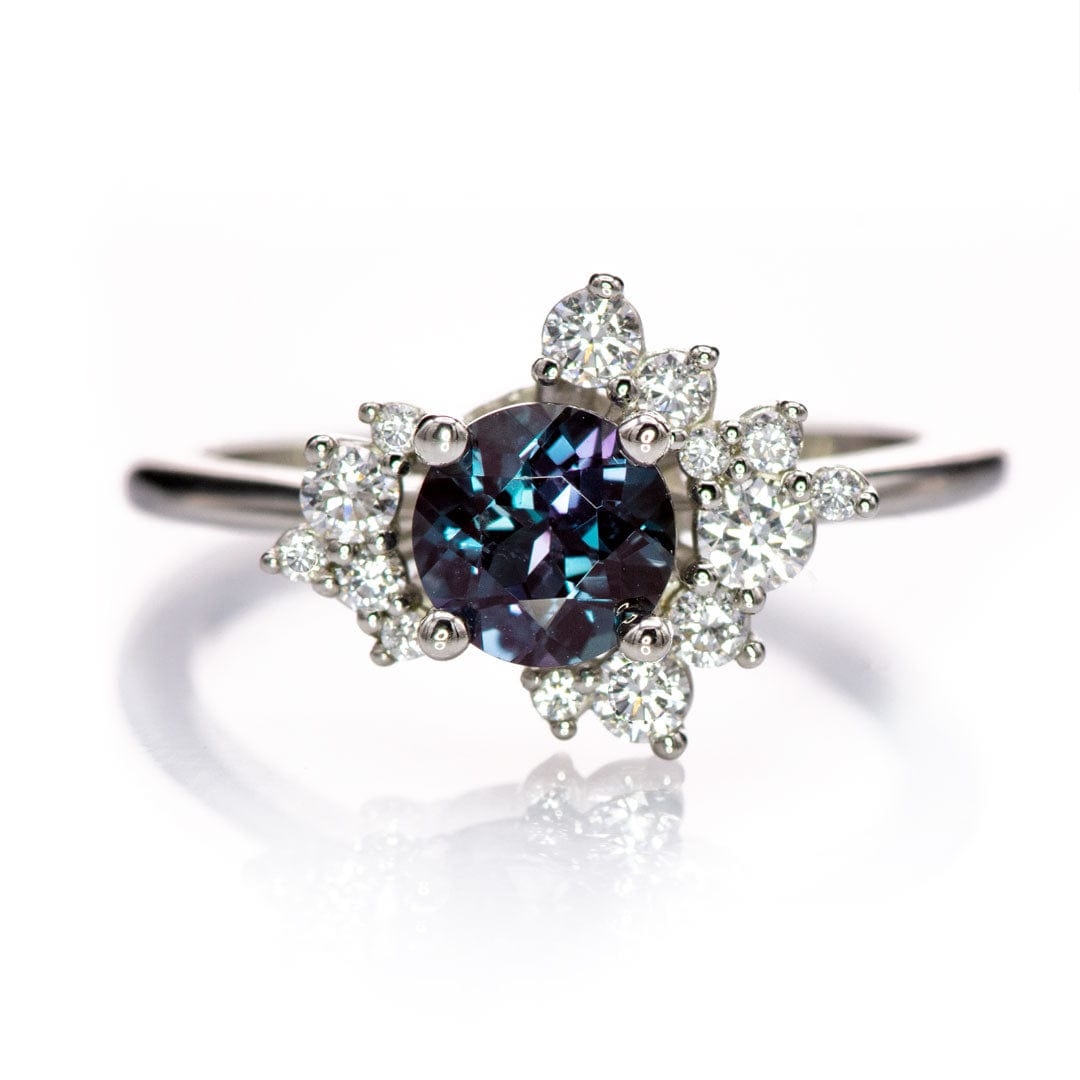 Lydia Prong Set Alexandrite Diamond Accented Side Cluster Halo Engagement Ring