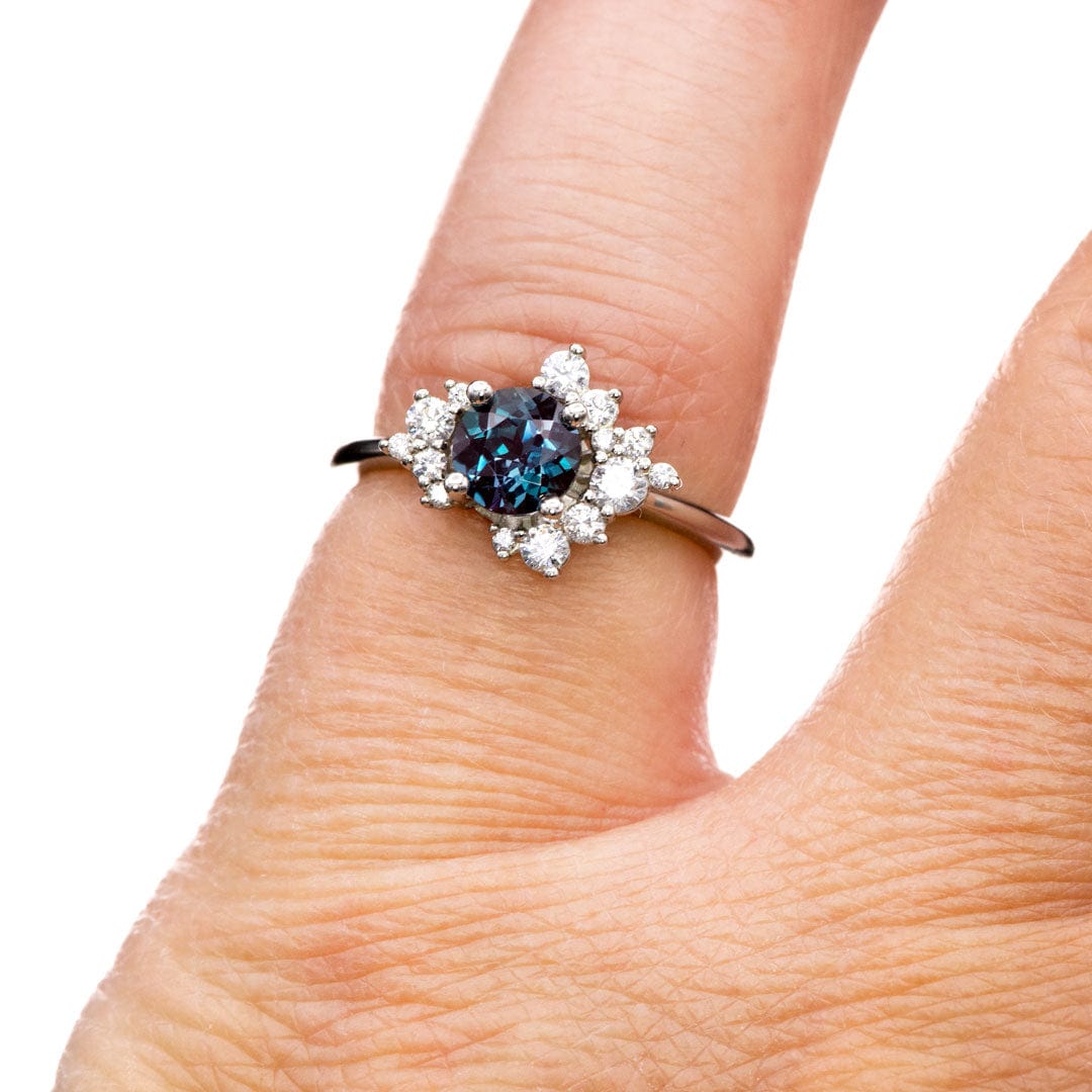 Lydia Prong Set Alexandrite Diamond Accented Side Cluster Halo Engagement Ring