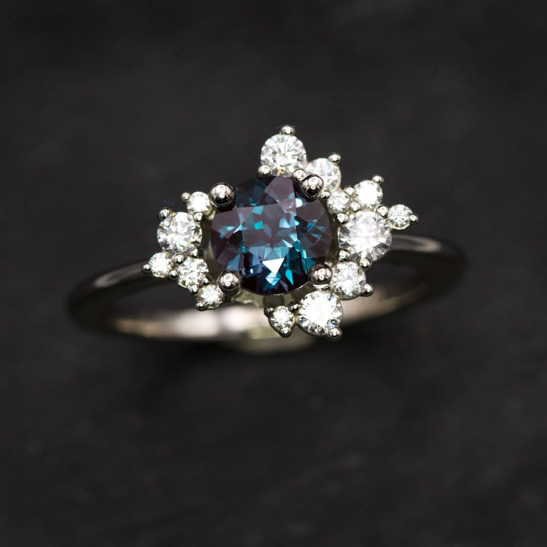 Lydia Prong Set Alexandrite Diamond Accented Side Cluster Halo Engagement Ring