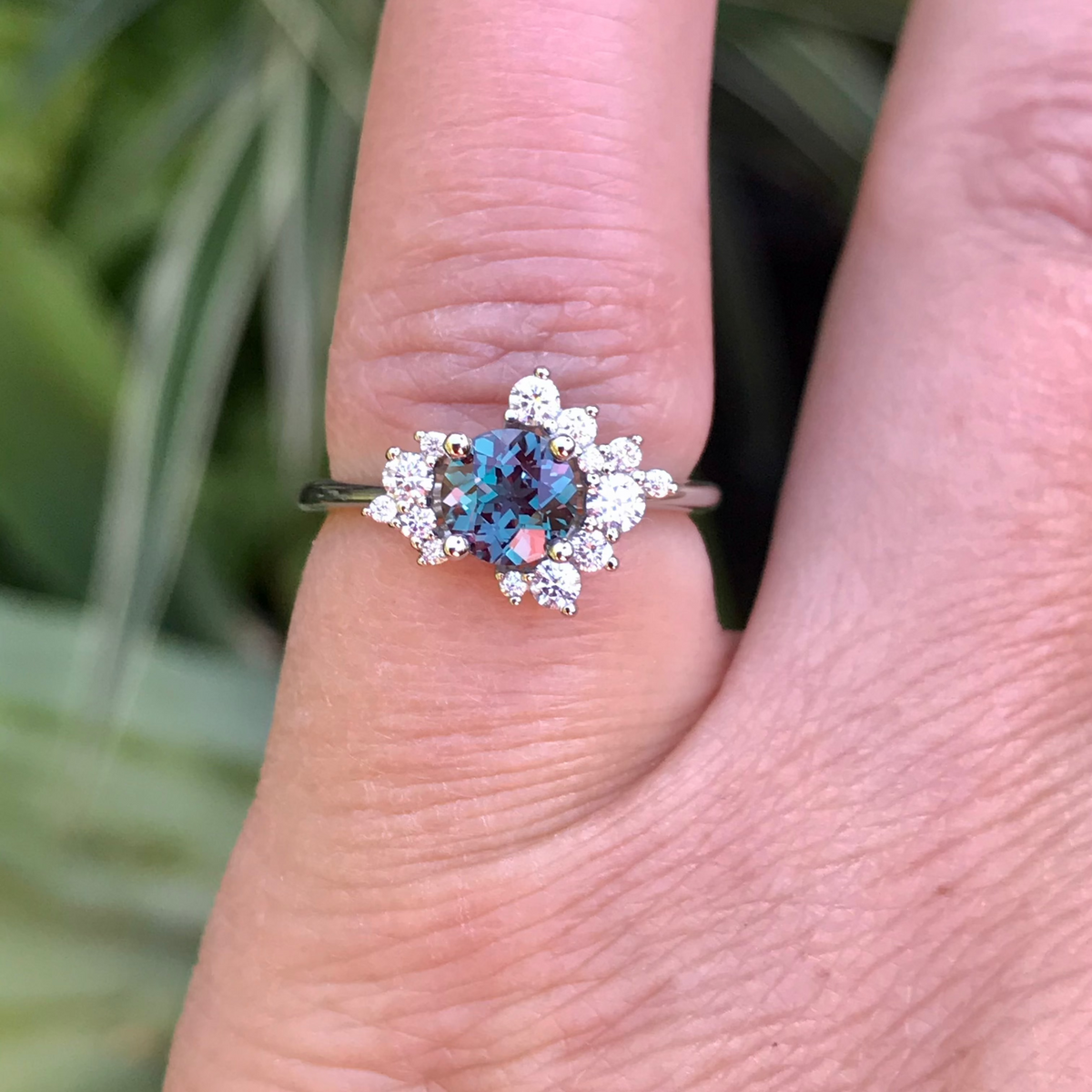 Lydia Prong Set Alexandrite Diamond Accented Side Cluster Halo Engagement Ring