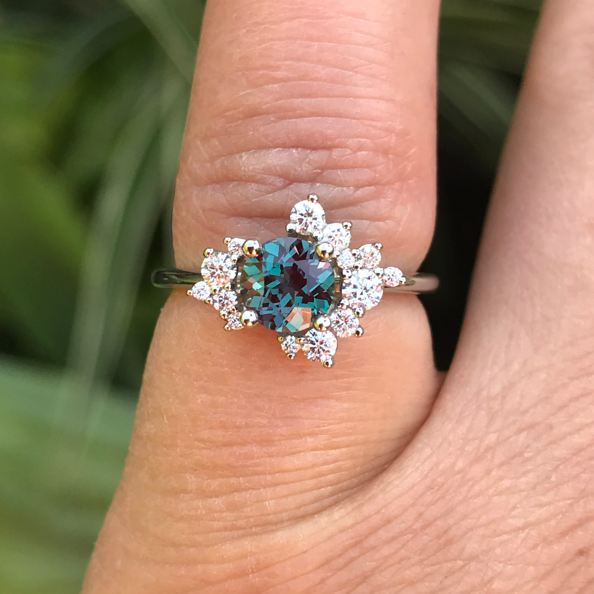 Lydia Prong Set Alexandrite Diamond Accented Side Cluster Halo Engagement Ring