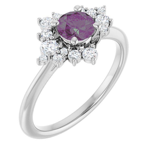 Lydia Prong Set Alexandrite Diamond Accented Side Cluster Halo Engagement Ring
