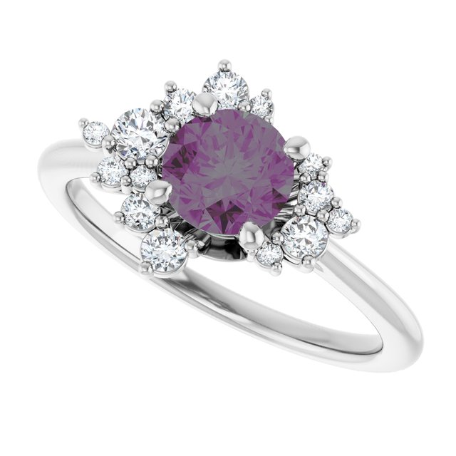 Lydia Prong Set Alexandrite Diamond Accented Side Cluster Halo Engagement Ring
