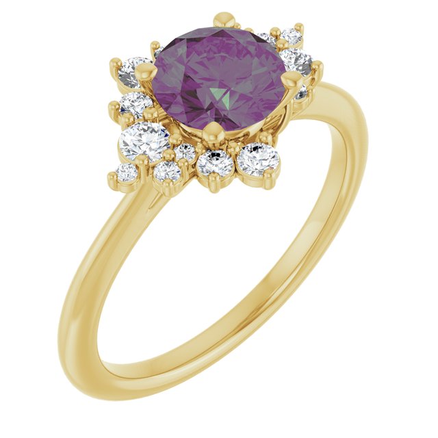 Lydia Prong Set Alexandrite Diamond Accented Side Cluster Halo Engagement Ring