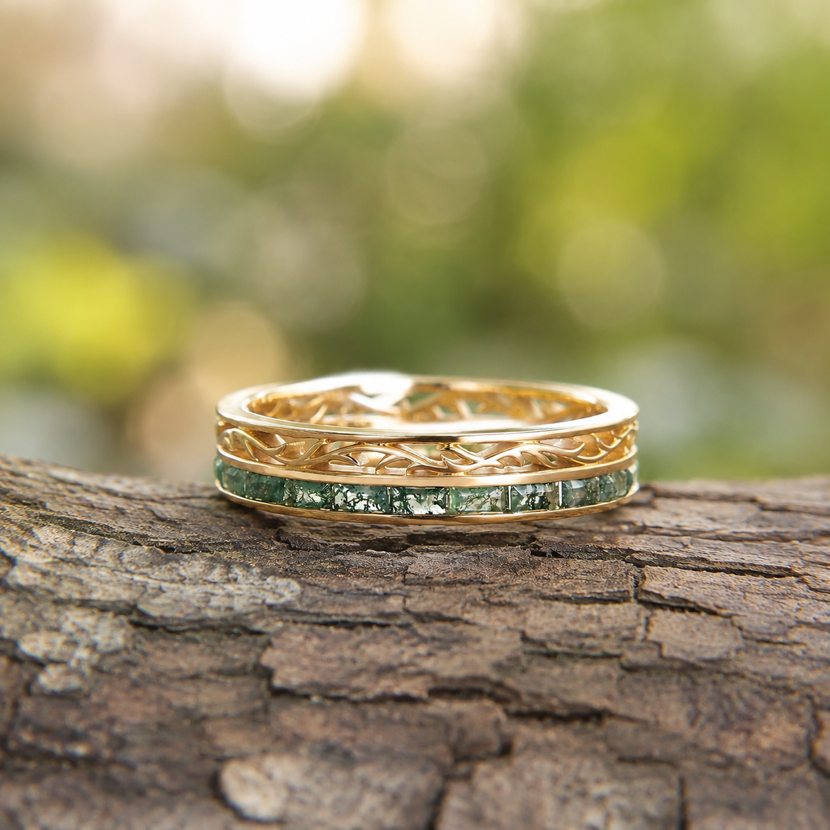 Mens Baguette Cut Moss Agate Stone Twist Wedding Ring