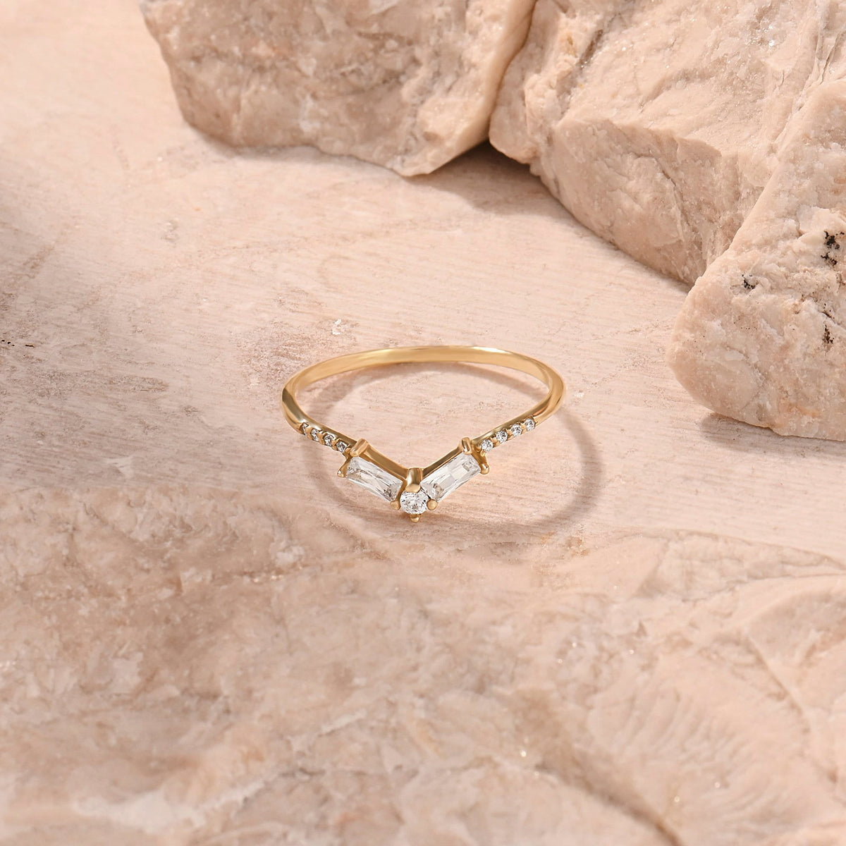 Women's Minimalist Curved 14K Gold Ring - V-Shaped Diamond Baguette Wedding Band, Stackable Nesting Bridal Jewelry