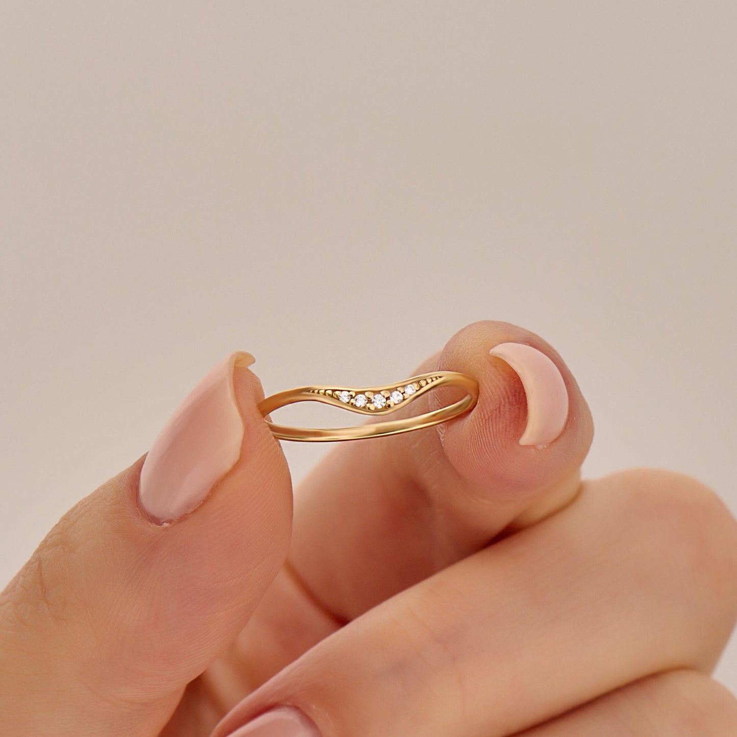 Pave Diamond Curved Ring 14K Gold – Women’s Stacking Enhancer Fine Band