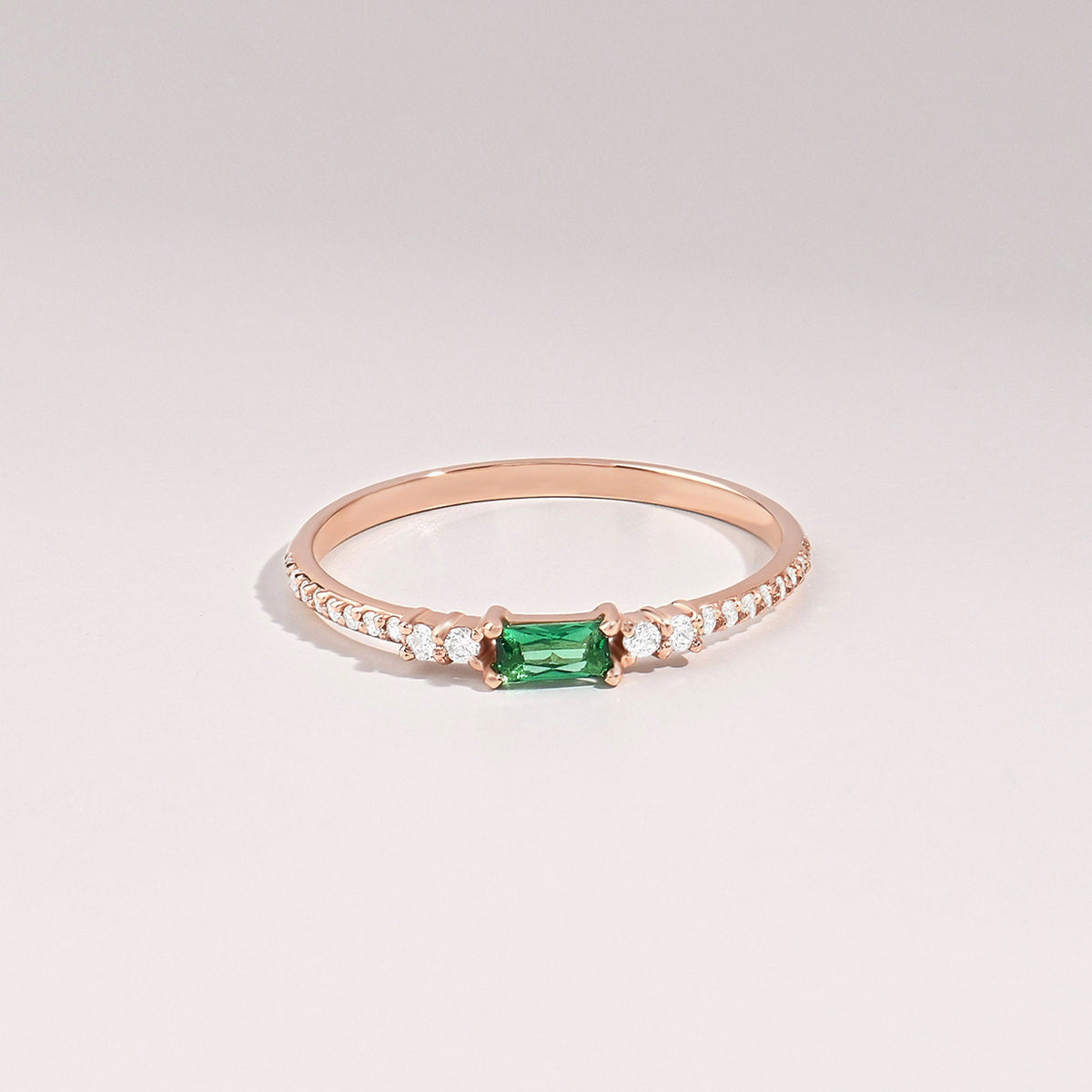 Minimalist Baguette Emerald Ring – 14k Solid Gold with Pavé Diamonds | May Birthstone Gift for Her’s Birthday