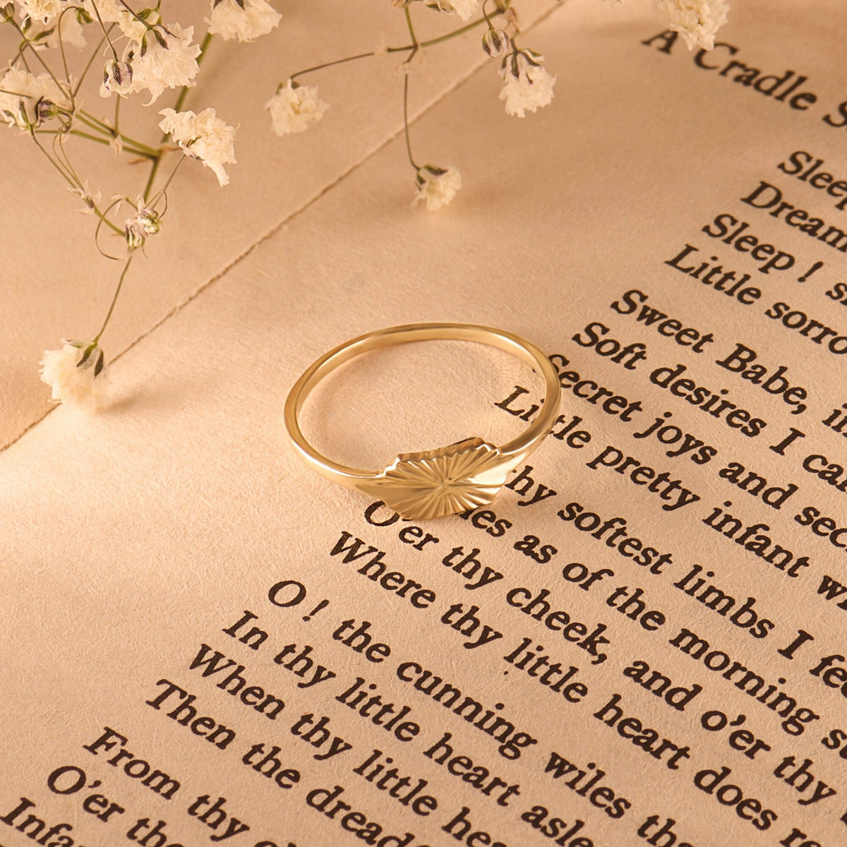 Sun Engraved 14k Real Gold Signet Ring – Dainty Slim Pinky Band | Celestial Stacking Jewelry Gift for Women
