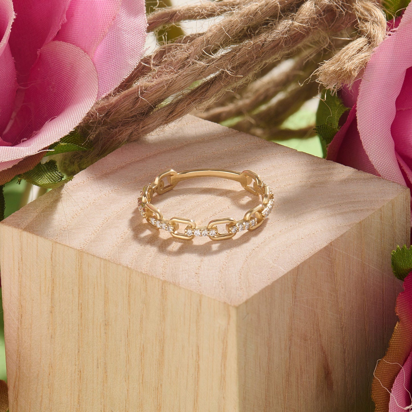 14k Solid Gold Diamond Open Link Ring – Women's Minimalist Stackable Eternity Band, Handmade Dainty Gift
