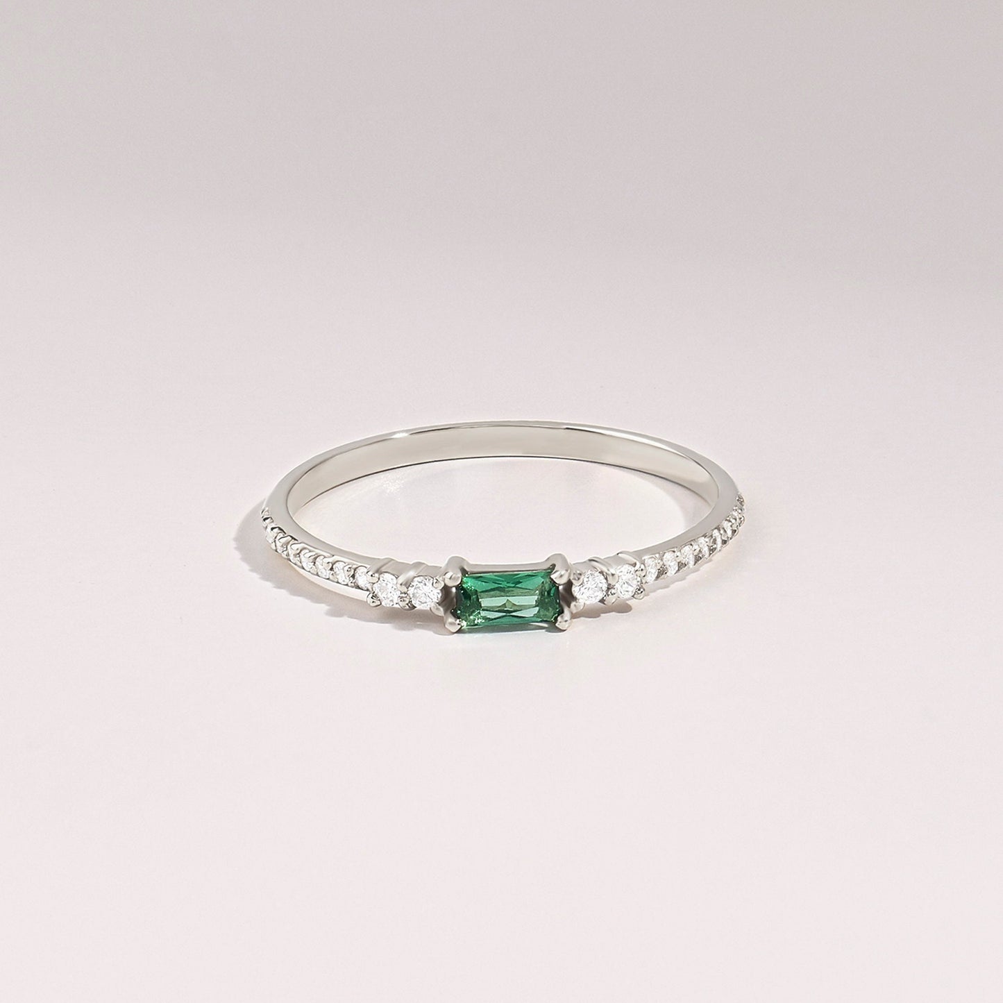 Minimalist Baguette Emerald Ring – 14k Solid Gold with Pavé Diamonds | May Birthstone Gift for Her’s Birthday