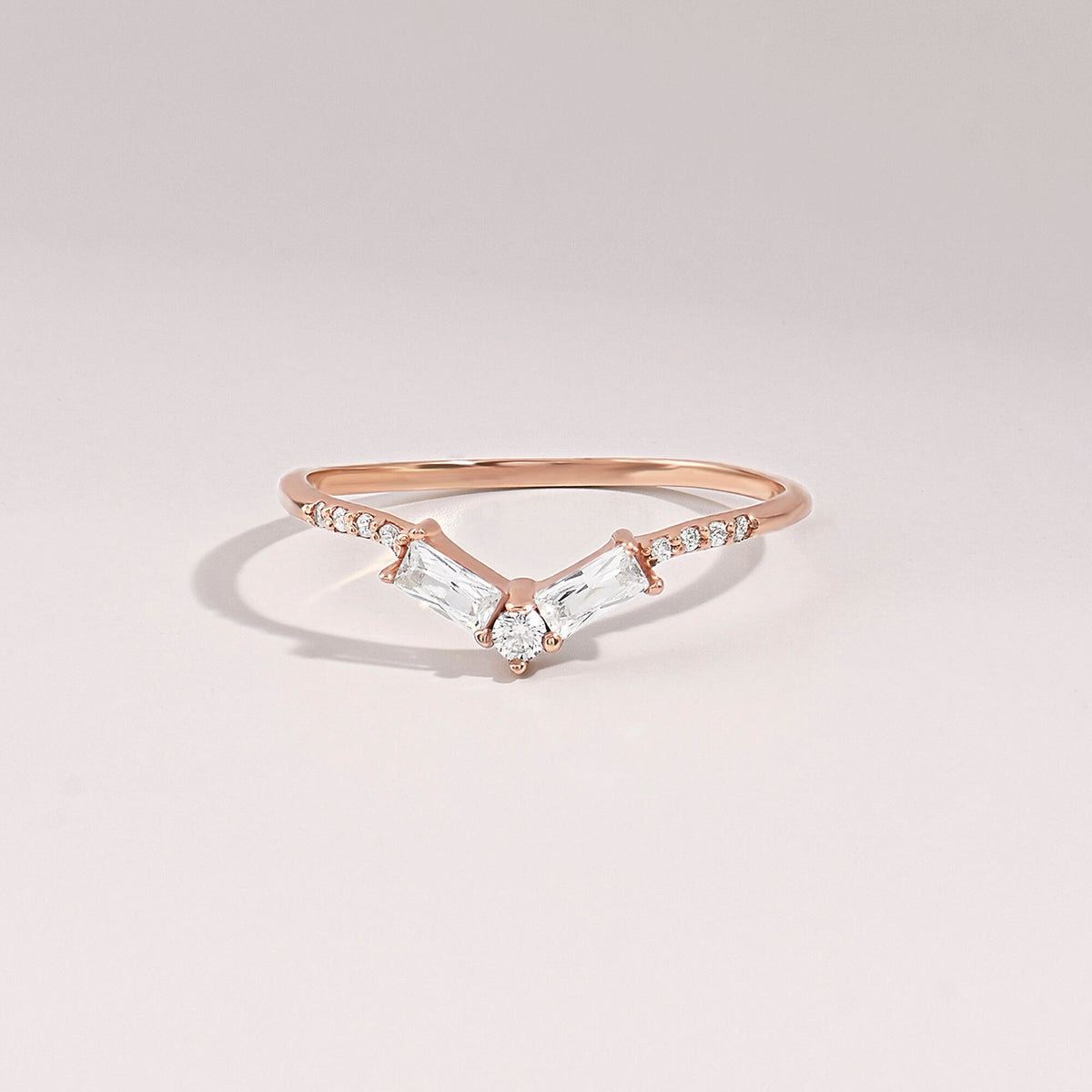 Women's Minimalist Curved 14K Gold Ring - V-Shaped Diamond Baguette Wedding Band, Stackable Nesting Bridal Jewelry