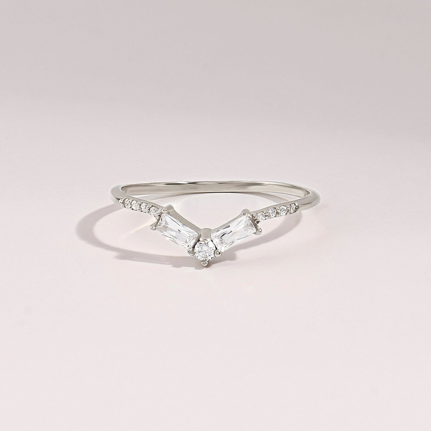 Women's Minimalist Curved 14K Gold Ring - V-Shaped Diamond Baguette Wedding Band, Stackable Nesting Bridal Jewelry