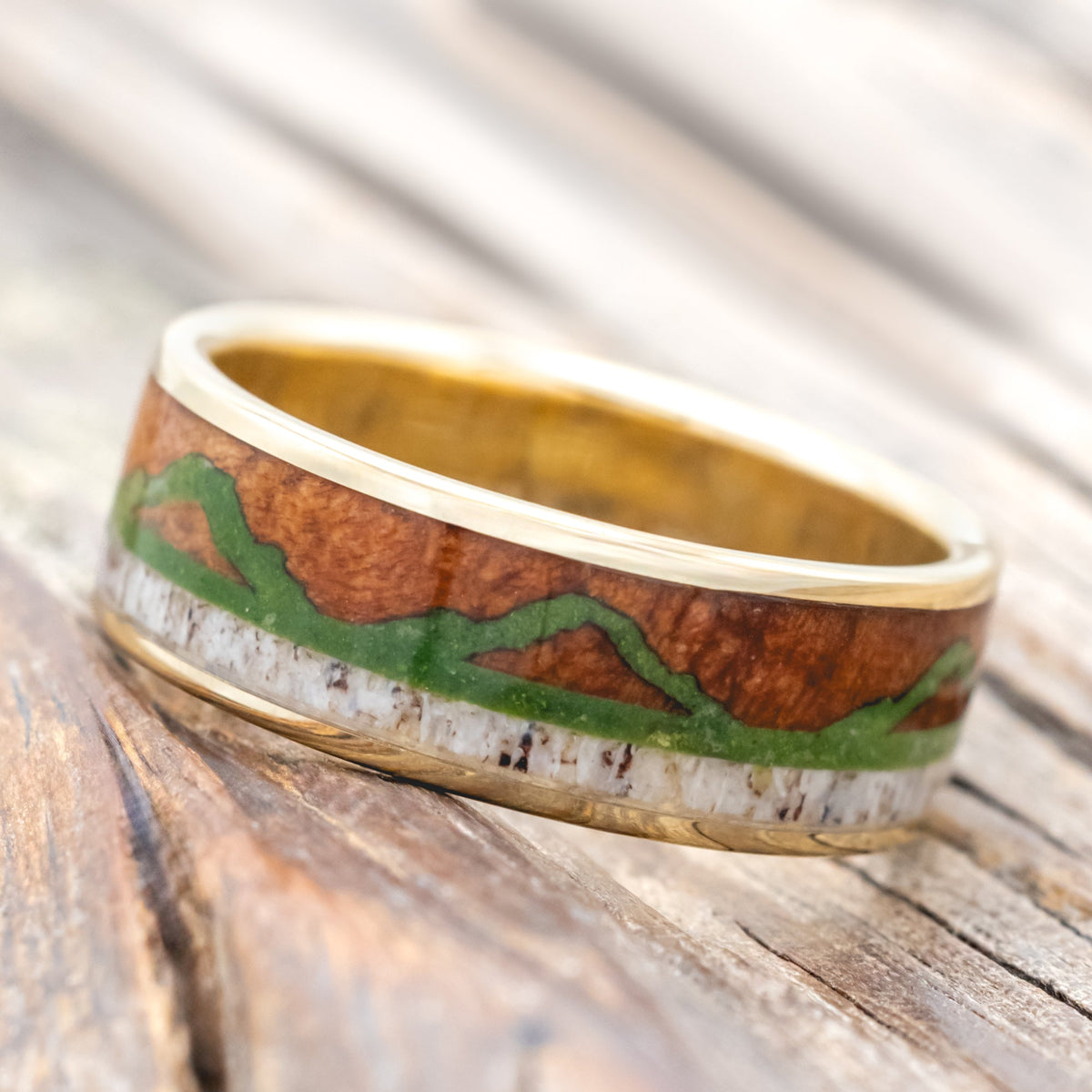 "The Expedition" - Mountain Engraved Wedding Ring With Redwood, Moss & Antler - 14K Yellow Gold (8mm) - Size 8 3/4