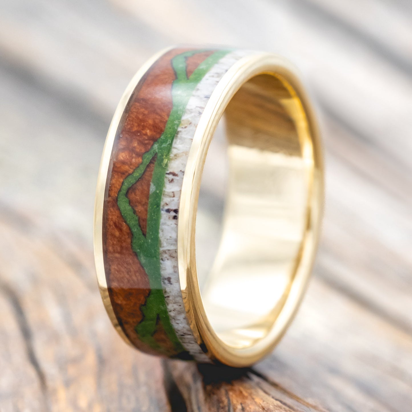 "The Expedition" - Mountain Engraved Wedding Ring With Redwood, Moss & Antler - 14K Yellow Gold (8mm) - Size 8 3/4